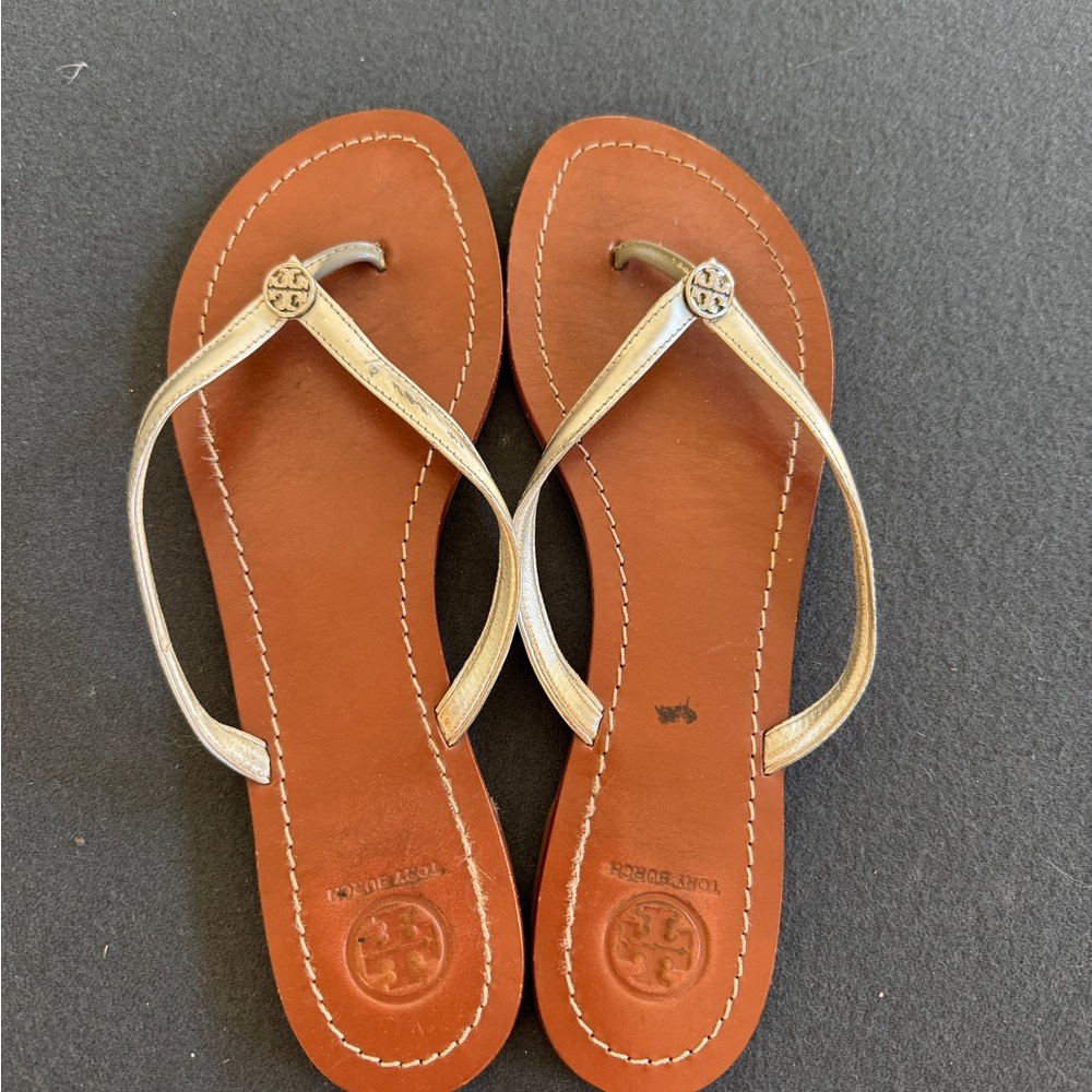 Tory Burch Tan and Silver Sandals